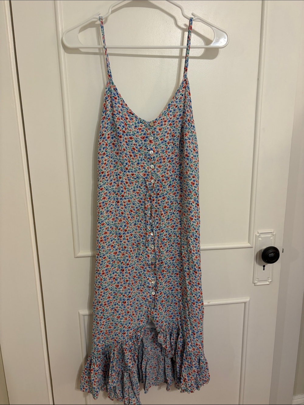 Rails White V-Neck Blouse with Blue, Green and Orange Floral Trim